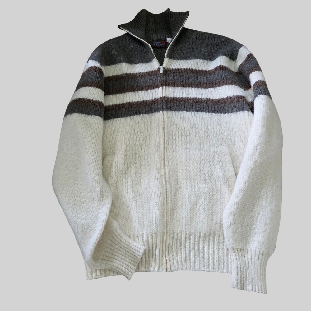 Vintage Sears Premiere Mens XL Full Zip Wool Blend Striped Cardigan Sweater